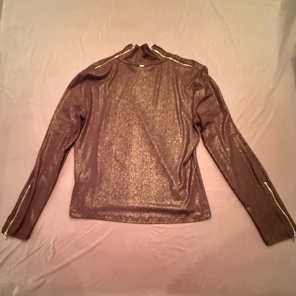 St John Brown/Gold Turtleneck Top w/ Zipper Detail Size Medium MSRP $425 - Picture 7 of 12